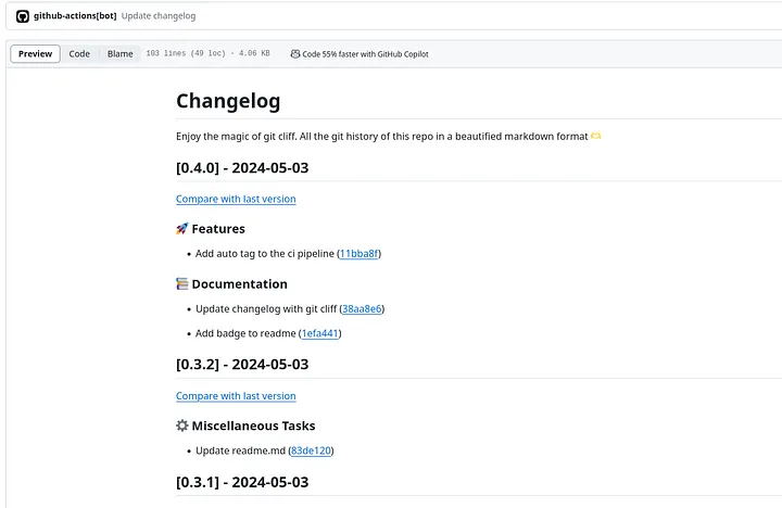 Example of a changelog generated by git-cliff